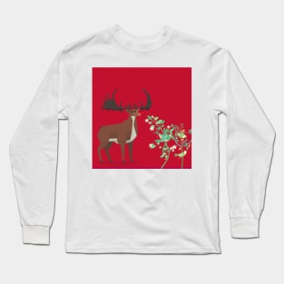 Curious deer with red background Long Sleeve T-Shirt